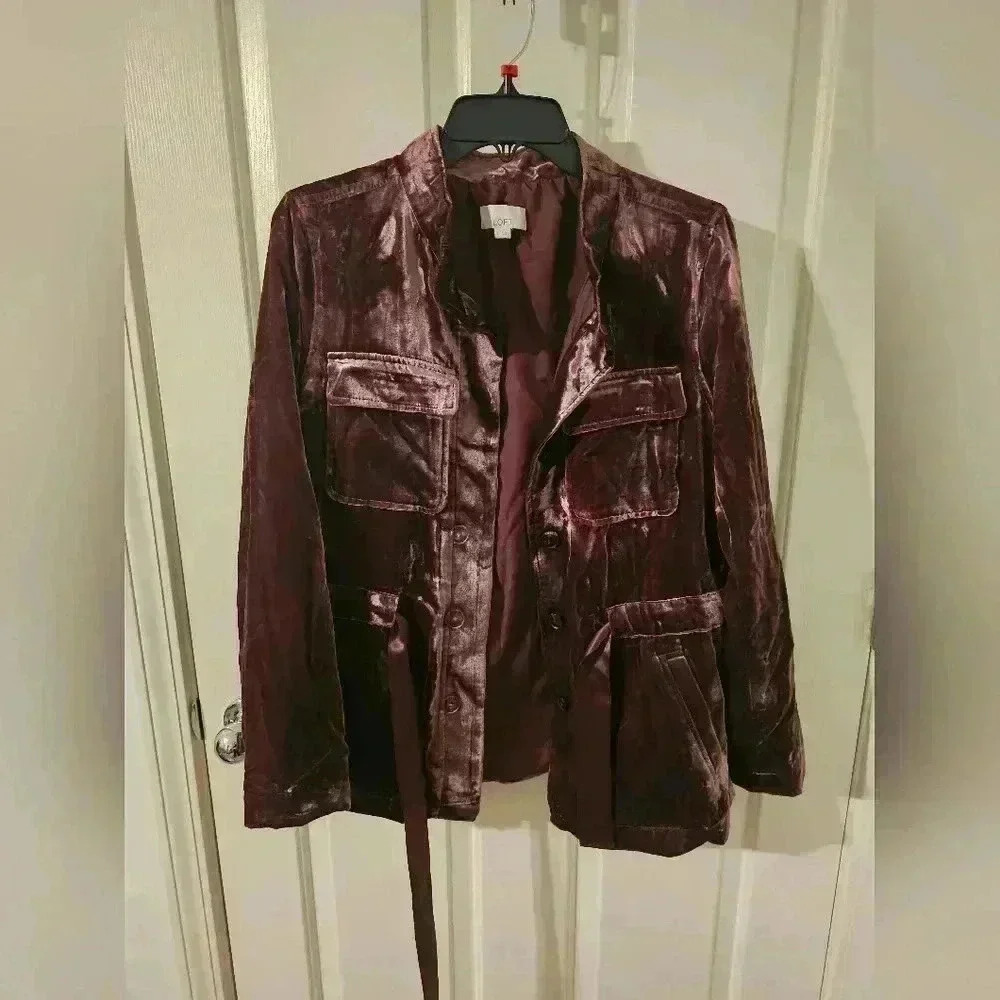 LOFT Crushed Mauve Berry Velvet Utility Jacket Button Front Tie Size S